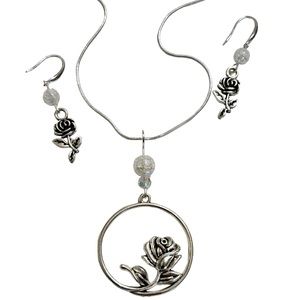 Rose of Love bridal wedding 925 sterling silver rose charm necklace earring set